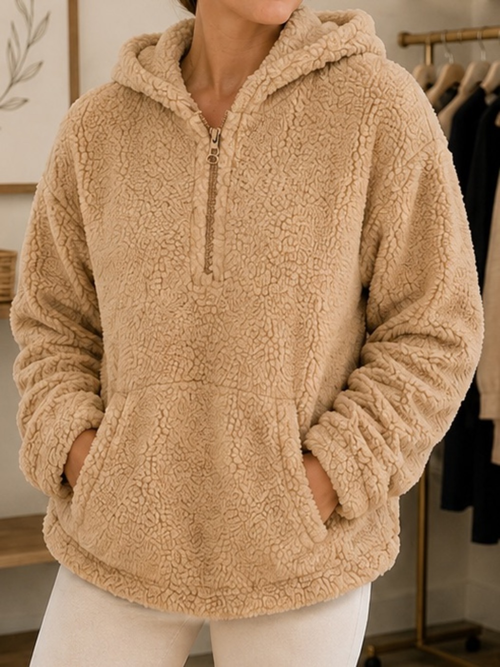 Koolaburra by UGG Sherpa Fleece Quarter Zip Hoodie Tan XS